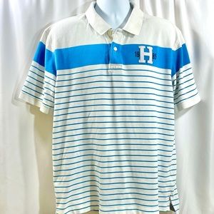 Tommy Hilfiger Logo H 1985 White Blue Stripe Polo Shirt XL Slim Fit Shirt